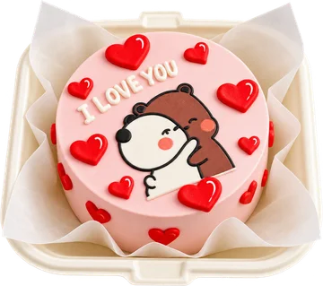 A pink bento cake with red hearts and two bears hugging, in its box
