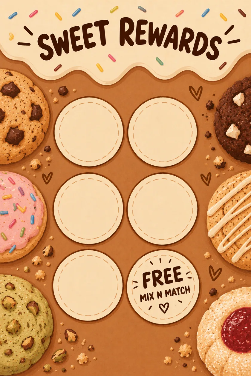 The Sweet Rewards loyalty card: six stamp slots, the last one a free Mix & Match box