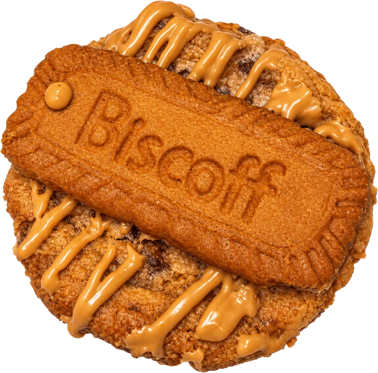 Biscoff Crunch Cookie topped with a Biscoff biscuit and white chocolate Biscoff drizzle