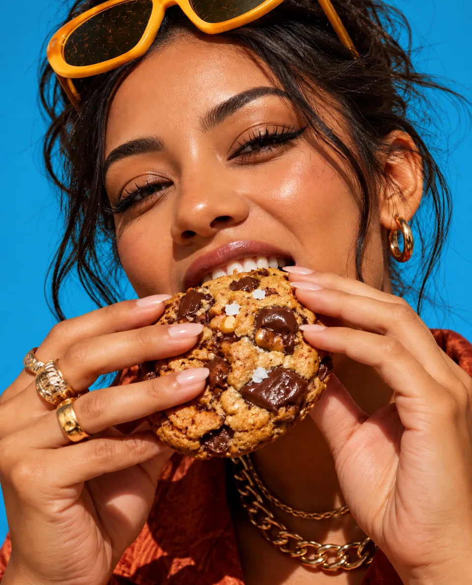 Woman in orange sunglasses taking a bite of a chocolate chunk cookie